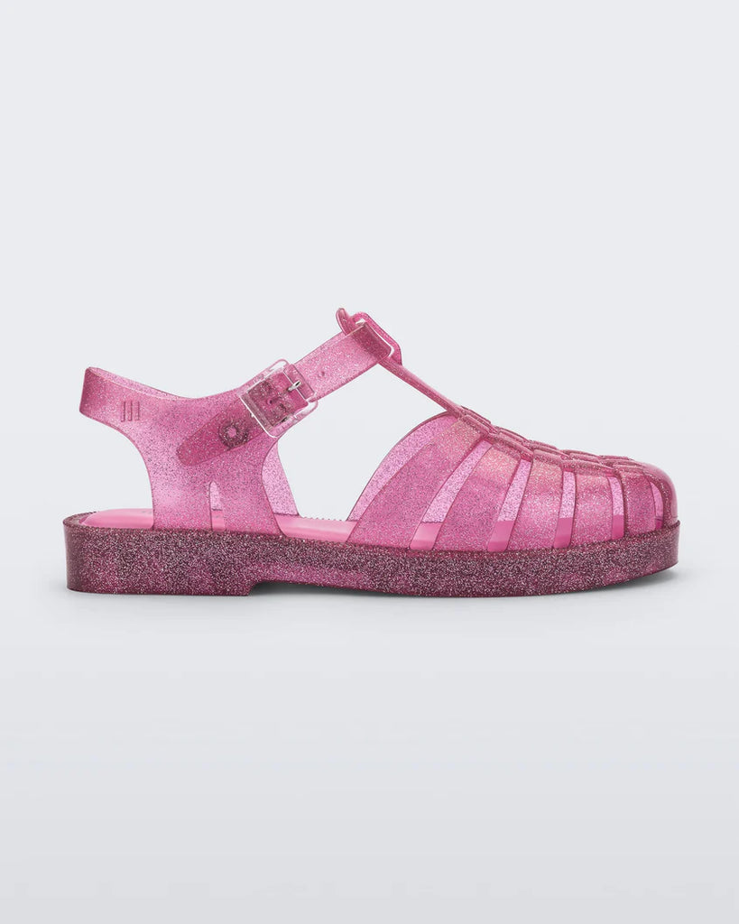 Mini Melissa Girls Sandals Mini Possession Glitter Vegan Recycle Jelly Shoes Bubblegum The Plaid Giraffe Childrens Boutique