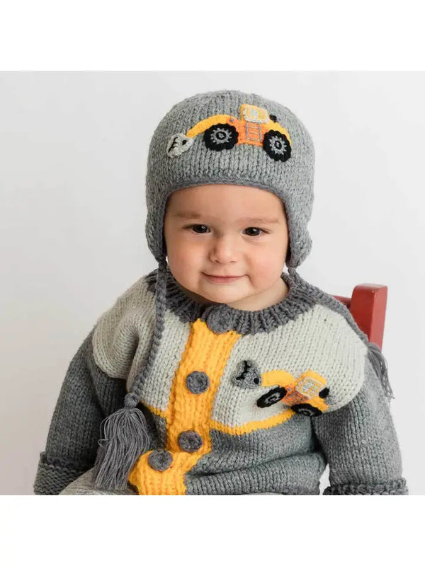 Huggalugs Boys Girls Unisex Infants Toddlers Kids Hats Knit Digger Backhoe Construction Equipment Earflaps The Plaid Giraffe Childrens Boutique