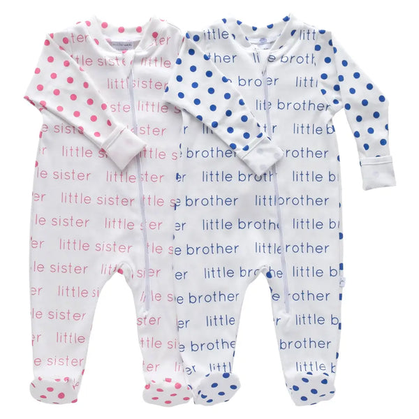 Jennifer Ann Boys Girls Unisex Infants Toddlers Kids Footie Sleeper Sleepwear Nightwear Polka Dots Little Sister Little Brother 100% Organic Cotton The Plaid Giraffe Children's Boutique