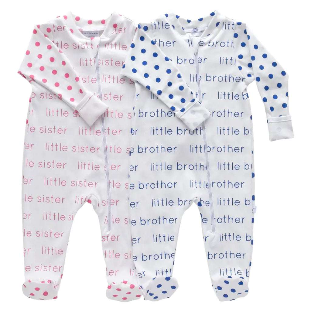 Jennifer Ann Boys Girls Unisex Infants Toddlers Kids Footie Sleeper Sleepwear Nightwear Polka Dots Little Sister Little Brother 100% Organic Cotton The Plaid Giraffe Children's Boutique
