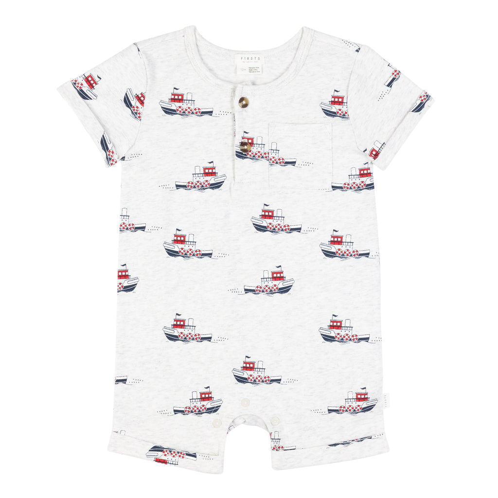 Petit Lem Boys Girls Infants Toddlers Kids Juniors Romper Tugboats Henley-Style Organic Cotton The Plaid Giraffe Children's Boutique