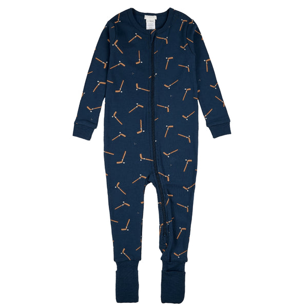 Petit Lem Boys Girls Infants Toddlers Kids Juniors Pajamas Footie Sleeper Sleepwear Nightwear Two-way Zipper 100% Organic Cotton Hockey Sports The Plaid Giraffe Childrens Boutique