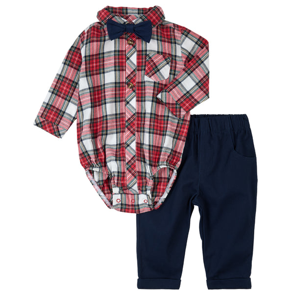 Petit Lem Boys Girls Infants Shirt Bodysuit Pants Plaid Christmas Bow Tie Holiday Organic Cotton The Plaid Giraffe Children's Boutique