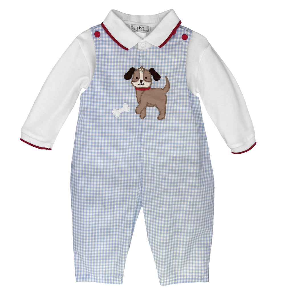 Petit Ami Boys Infants Bibs Shirt Top Gingham Check Puppy Dogs 100% Cotton The Plaid Giraffe Childrens Boutique