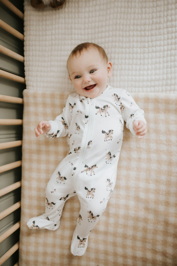 Petit Lem Boys Girls Unisex Footie Sleeper Sleepwear Nightwear Horses Two-way Zipper 100% Organic Cotton The Plaid Giraffe Children's Boutique