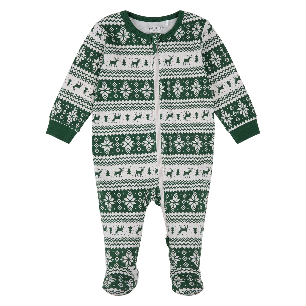 Petit Lem Boys Girls Unisex Infants Toddlers Kids Juniors Footie Sleeper Sleepwear Nightwear Pajamas Christmas Holidays Reindeer Christmas Trees Lights 100% Organic Cotton The Plaid Giraffe Children's Boutique