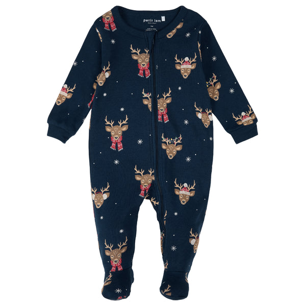 Petit Lem Boys Girls Unisex Infants Toddlers Kids Juniors Footie Sleeper Sleepwear Nightwear Pajamas Christmas Holidays Reindeer Christmas Trees Lights 100% Organic Cotton The Plaid Giraffe Children's Boutique