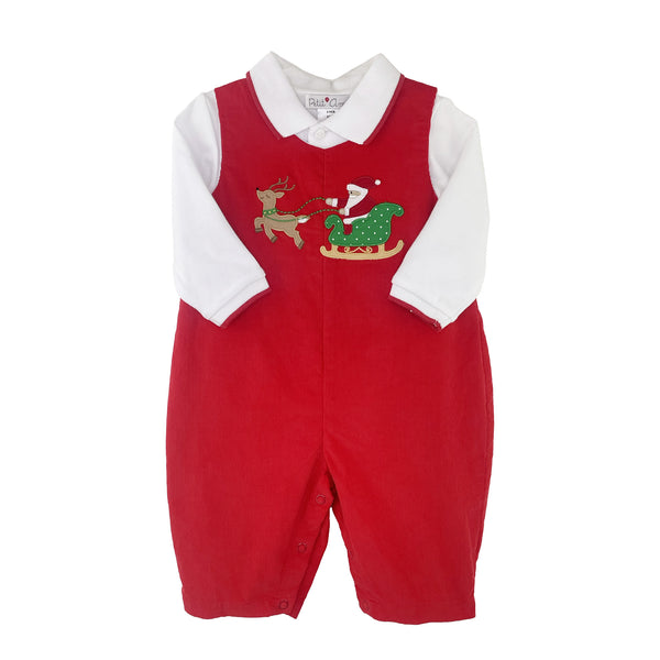 Petit Ami Girls Boys Infants Toddlers Kids Juniors Top Coverall Corduroy Pants Santa Sleigh Reindeer Christmas Holidays 100% Cotton The Plaid Giraffe Children's Boutique