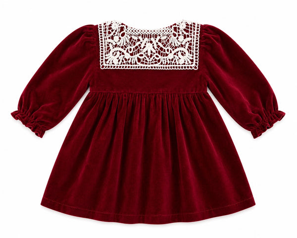Girls L/S Velvet Dress w/Eyelet Lace Collar