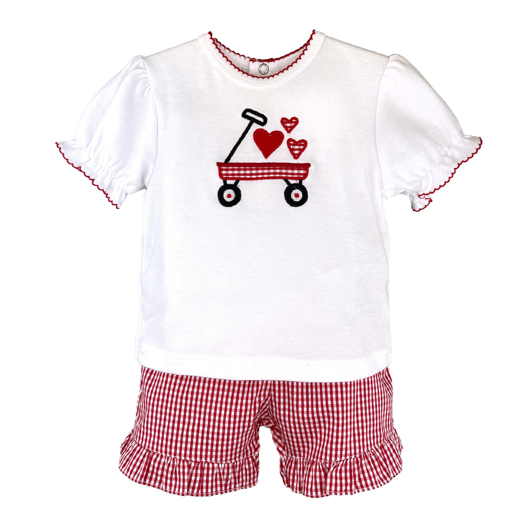 Petit Ami Girls Toddlers Kids Top Shorts Checkered Wagon Hearts 100% Cotton The Plaid Giraffe Childrens Boutique