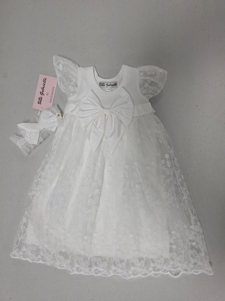 Macis Design BeBe Gabrielle Girls Boys Christening Dress Baptism Satin Bow Lace Tulle 100% Cotton The Plaid Giraffe Children's Boutique