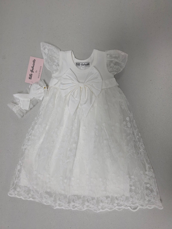 Macis Design BeBe Gabrielle Girls Boys Christening Dress Baptism Satin Bow Lace Tulle 100% Cotton The Plaid Giraffe Children's Boutique