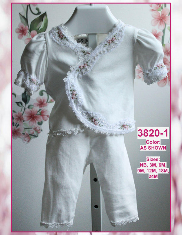 BeBe Gabrielle Macis Design Girls Infants Kimono StyleTop Pants Headband Flowers Roses Christening Special Occasion The Plaid Giraffe Childrens Boutique