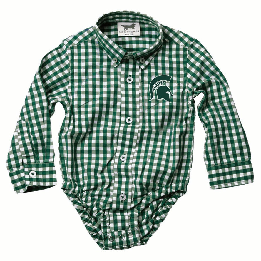 Wes and Willy Girls Boys Unisex Infants Toddlers Kids Juniors Michigan State University of Michigan UofM Central Michigan University Bodysuit Gingham Check 100% Cotton The Plaid Giraffe Children's Boutique
