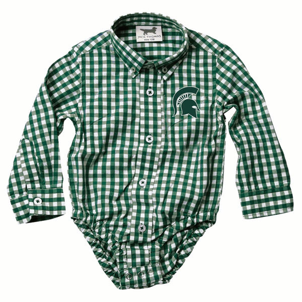 Wes and Willy Girls Boys Unisex Infants Toddlers Kids Juniors Michigan State University of Michigan UofM Central Michigan University Bodysuit Gingham Check 100% Cotton The Plaid Giraffe Children's Boutique