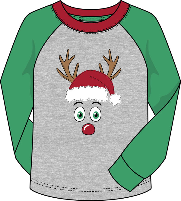 CR Sports Boys Toddlers Kids Juniors Shirt Reindeer Santa Raglan Sleeve Holiday Christmas 100% Cotton The Plaid Giraffe Childrens Boutique