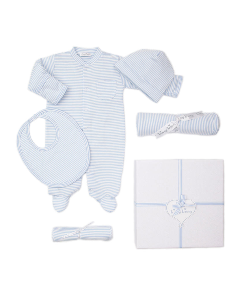 Kissy Kissy Girls Boys Unisex Infants Footie Sleeper Sleepwear Nightwear Bib Hat Swaddle Burp Cloth Blue White Stripes Gift Set 100% Pima Cotton The Plaid Giraffe Childrens Boutique