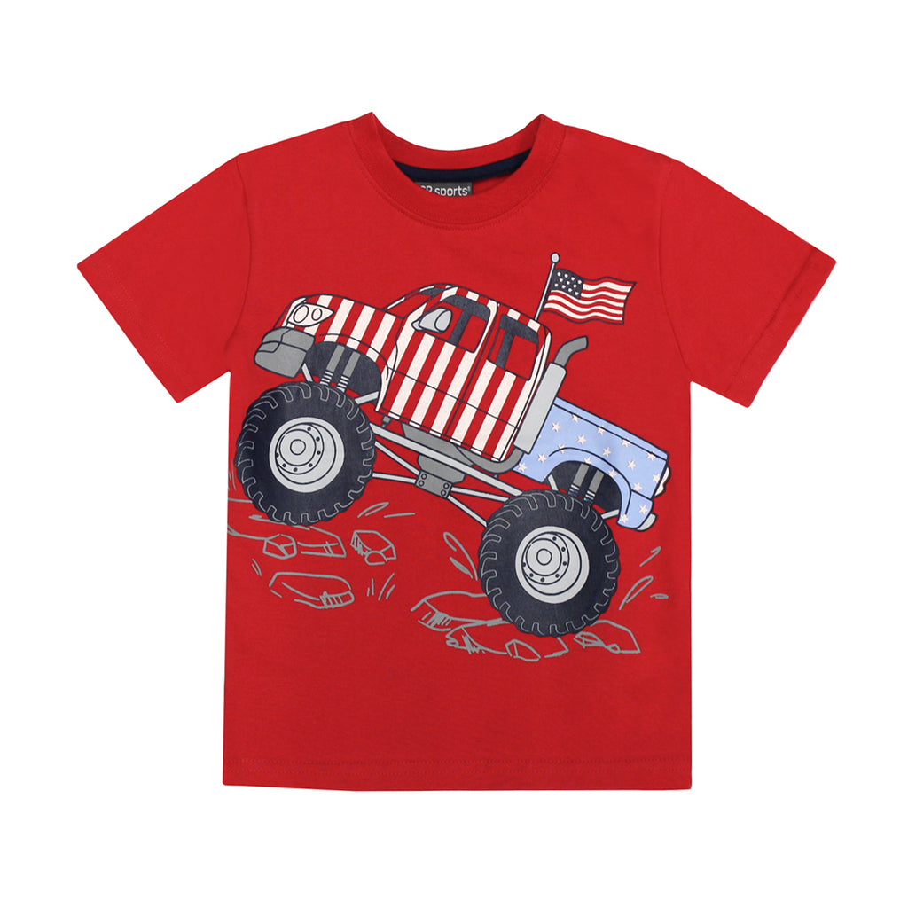 CR Sports Boys Infants Toddlers Kids Juniors T-Shirt Monster Truck Red White Blue Patriotic Flags Fourth of July Memorial Day Holiday 100% Cotton The Plaid Giraffe Childrens Boutique