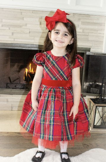 Joan Calabrese by Macis Design Girls Infants Toddlers Kids Dress Velvet Plaid Bows Christmas Holiday The Plaid Giraffe Childrens Boutique