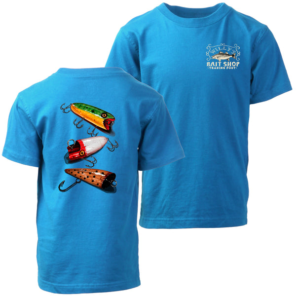 Wes and Willy Boys Infants Toddlers Kids Juniors T-shirt Fishing Lures Bait Shop 100% Organic Cotton The Plaid Giraffe Children's Boutique