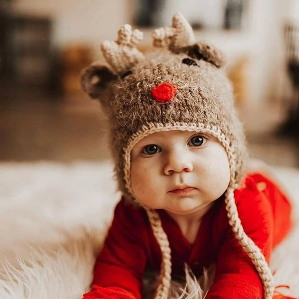 Huggalugs Boys Girls Unisex Infants Toddlers Kids Hats Knit Fuzzy Reindeer Christmas Holiday Earflaps The Plaid Giraffe Childrens Boutique