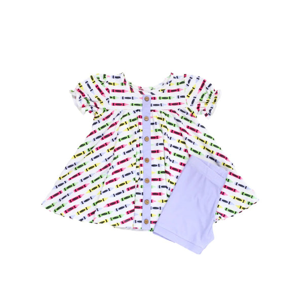 Be Girl Clothing Girls Toddlers Kids Dress Bike Shorts Crayons Back To School The Plaid Giraffe Childrens Boutique