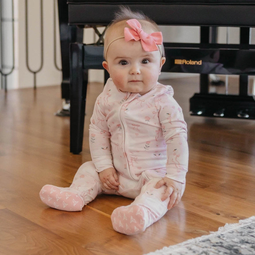 Copper Pearl Girls Boys Unisex Infants Toddlers Kids Junior Women's Adelia Headband Footie Sleeper Sleepwear Nightwear Two-way Zipper Pajamas Swaddle Swans Roses Flowers Bows The Plaid Giraffe Children's Boutique