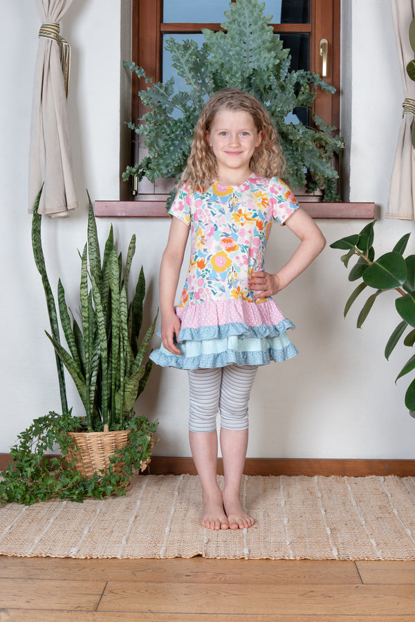2 Piece Girls Floral & Stripe Top w/Capris
