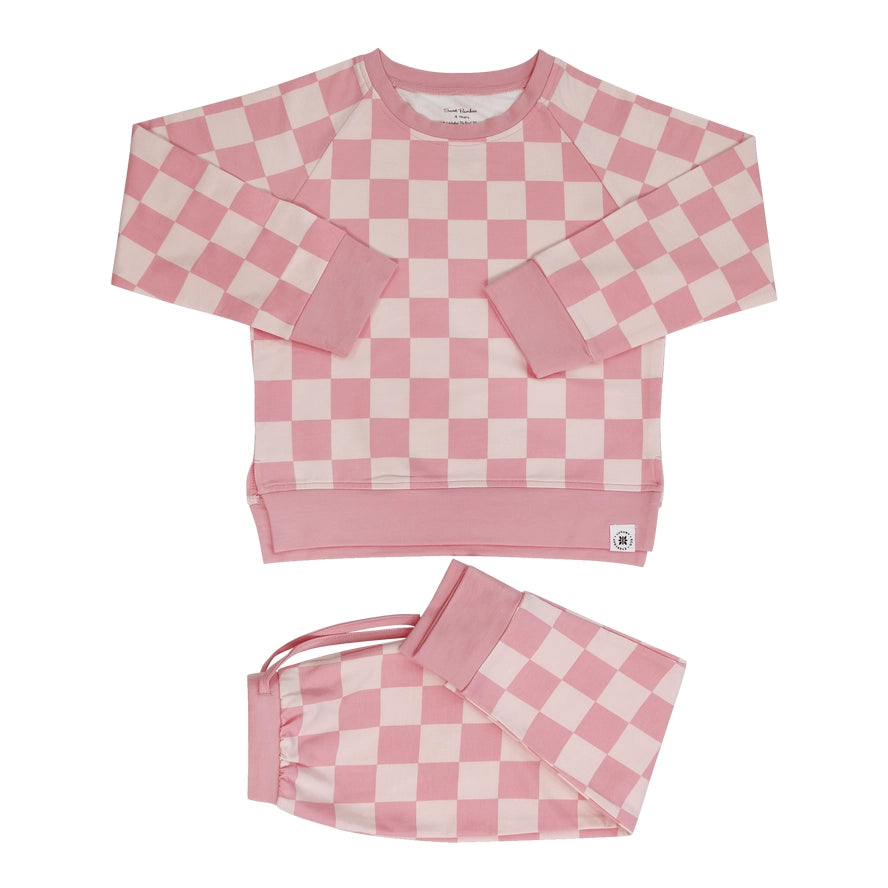 2 Piece Girls Baby Pink Check Crew Neck Jogger