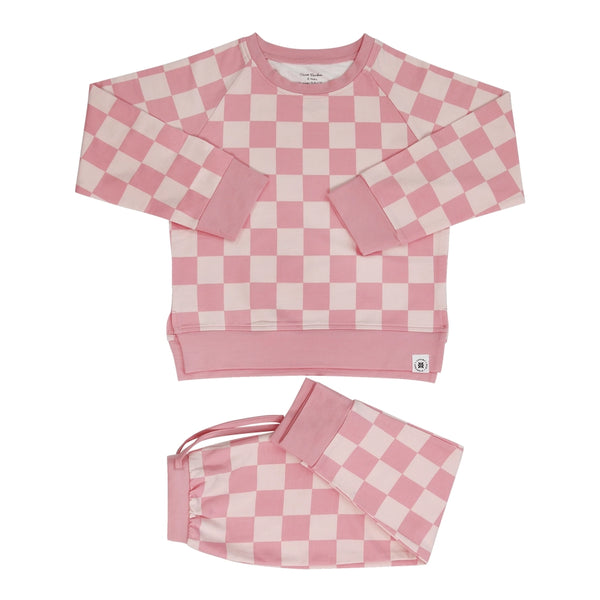 2 Piece Girls Baby Pink Check Crew Neck Jogger