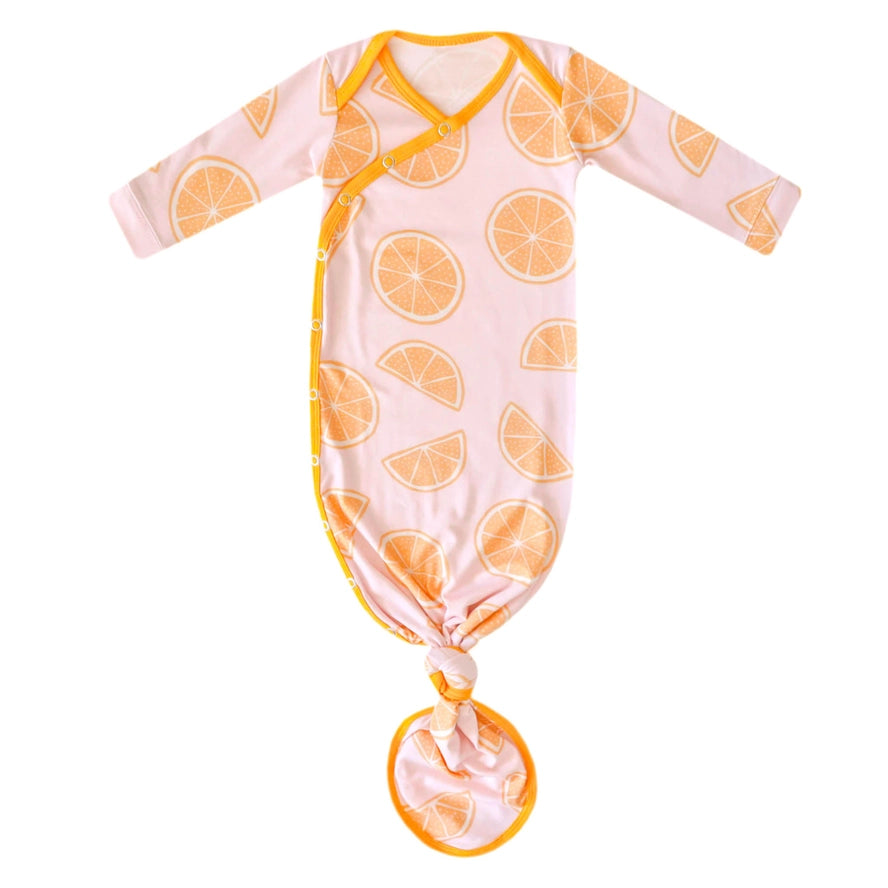 Copper Pearl Girls Boys Unisex Infants Toddlers Kids Junior Cutie Orange Knotted Gown Sleepwear Nightwear Fruit Oranges Food The Plaid Giraffe Children's Boutique