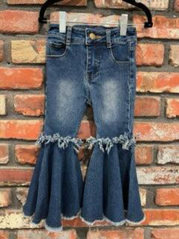 ML Kids Girls Toddlers Kids Juniors Denim Jeans Bell Bottom Fringed Hem The Plaid Giraffe Childrens Boutique