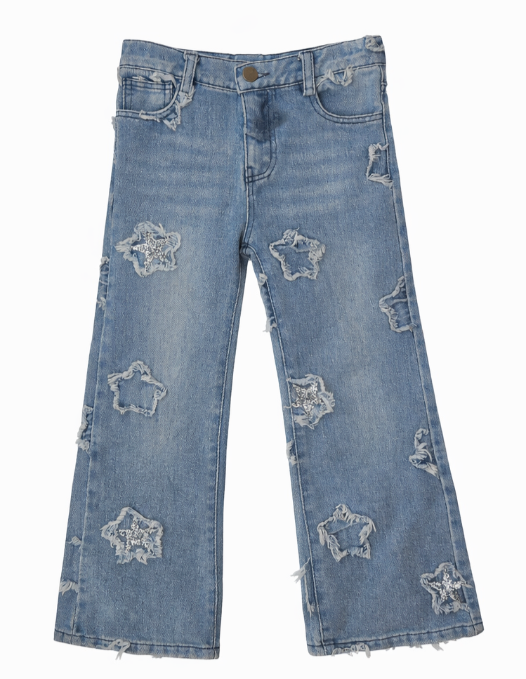 ML Kids Girls Infants Toddlers Kids Juniors Jeans Denim Distressed Stars Silver Glitter Adjustable Waist The Plaid Giraffe Children's Boutique