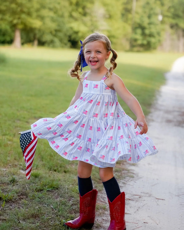 Be Girl Clothing Girls Toddlers Kids Dress Twirl Fourth of July Memorial Day Holiday Flags Stars Stripes The Plaid Giraffe Childrens Boutique