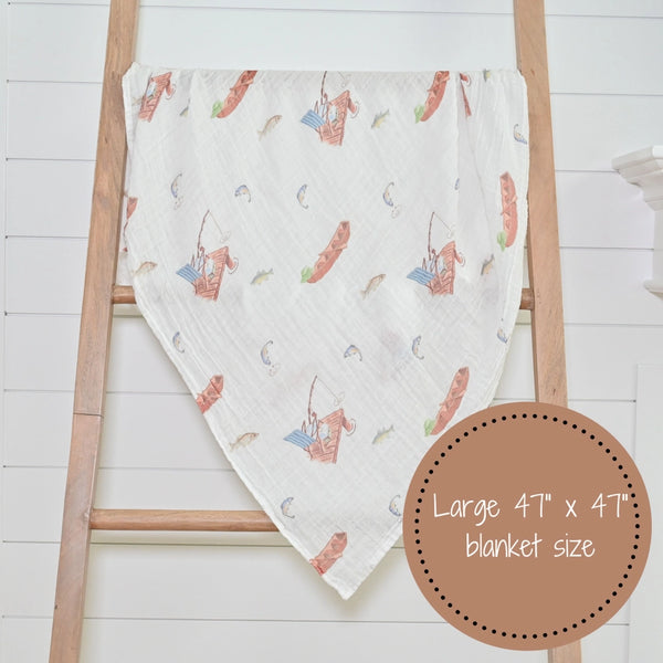 LollyBanks Girls Boys Unisex Infants Toddlers Kids Swaddles Fish Fishing Sports Vacation 100% Cotton Muslin The Plaid Giraffe Children's Boutique