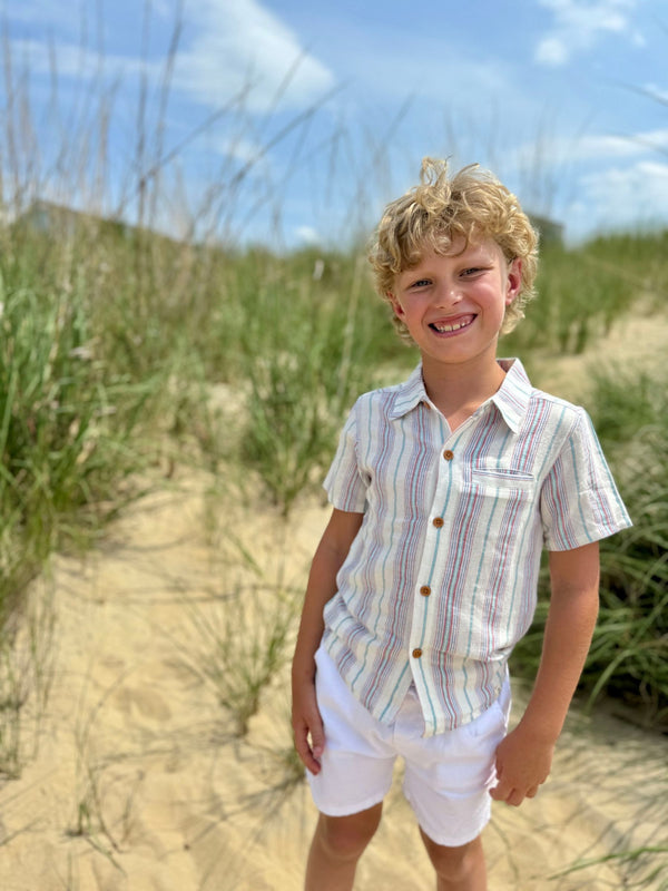 Boys S/S Newport Beige Stripe Shirt