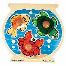 Melissa and Doug Boys Girls Toddlers Kids Toys Jumbo Knob Wooden Puzzle Fish Bowl Fish Turtle Crab The Plaid Giraffe Childrens Boutique