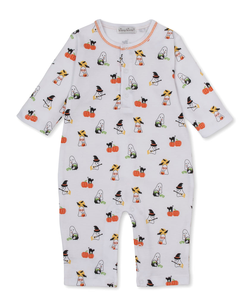 Kissy Kissy Boys Girls Unisex Romper Long Sleeve Halloween Ghosts Bats Pumpkins Black Cats 100% Pima Cotton The Plaid Giraffe Children's Boutique