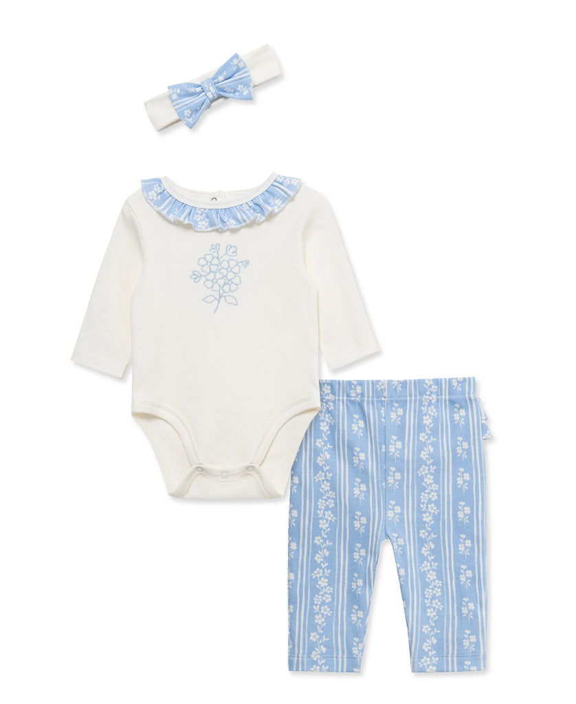 3 Piece Girls Flower Bodysuit, Leggings, & Headband