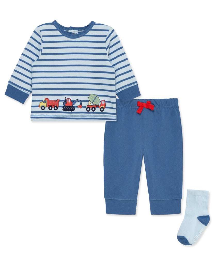 Little Me Boys Girls Unisex Infants Toddlers Kids Striped Shirt Pants Socks Dump Truck Crane Cement Mixer Construction Vehicles 100% Cotton The Plaid Giraffe Children's Boutique