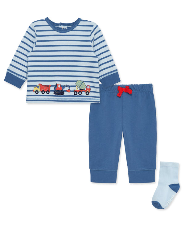 Little Me Boys Girls Unisex Infants Toddlers Kids Striped Shirt Pants Socks Dump Truck Crane Cement Mixer Construction Vehicles 100% Cotton The Plaid Giraffe Children's Boutique