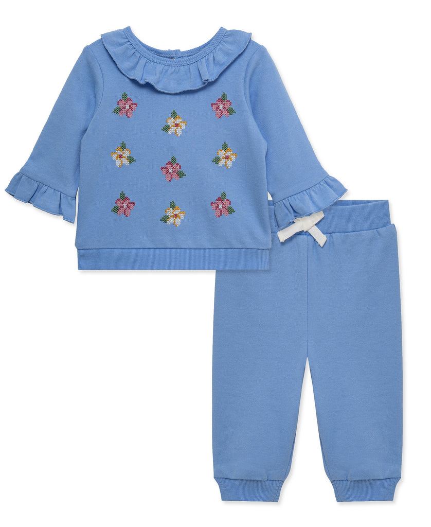 Little Me Girls Boys Infants Toddlers Top Sweatshirt Sweatpants Flowers Cross Stitch 100% Cotton The Plaid Giraffe Children's Boutique