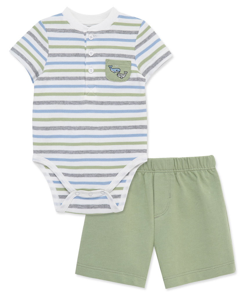 Little Me Boys Girls Infants Toddlers Henley Bodysuit Shorts Stripes Whales Ocean 100% Cotton The Plaid Giraffe Children's Boutique