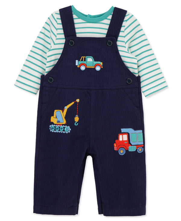 Little Me Boys Girls Unisex Infants Toddlers Kids Striped Shirt Bib Overalls Pants Dump Truck Crane Jeep Construction Vehicles 100% Cotton The Plaid Giraffe Children's Boutique