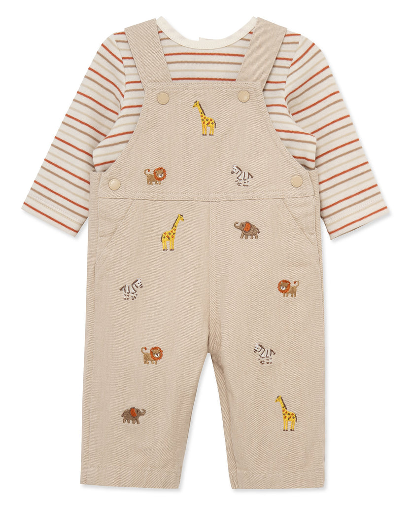 Little Me Girls Boys Infants Toddlers Shirt Bib Overalls Stripes Beige Denim 100% Cotton The Plaid Giraffe Children's Boutique
