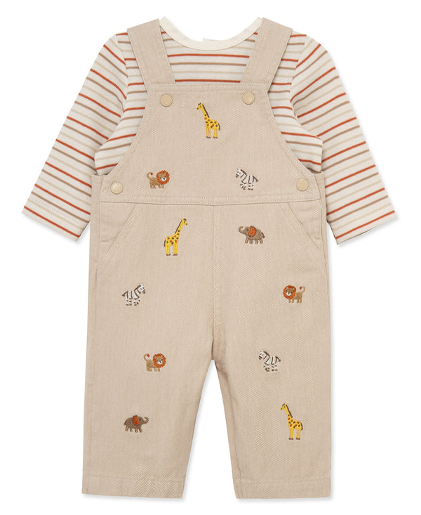 Little Me Girls Boys Infants Toddlers Shirt Bib Overalls Stripes Beige Denim 100% Cotton The Plaid Giraffe Children's Boutique