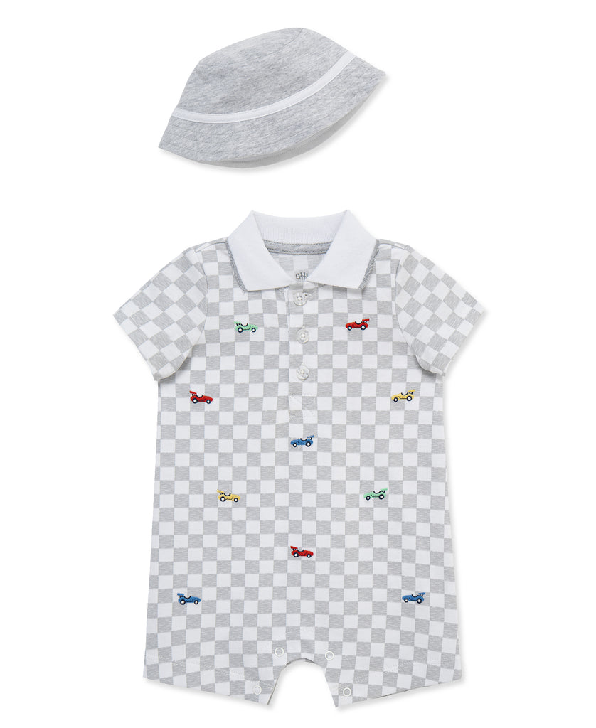 Little Me Boys Girls Infants Toddlers Romper Checkered Race Cars Polo-style Bucket Hat 100% Cotton The Plaid Giraffe Children's Boutique