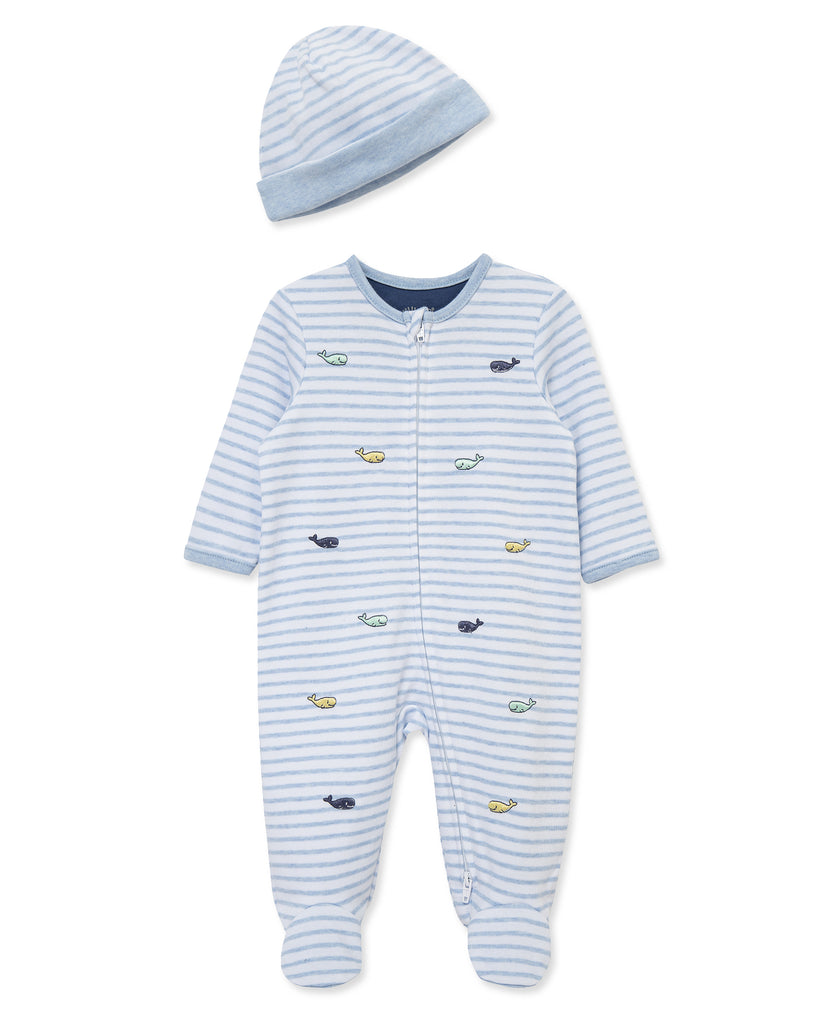 Little Me Girls Boys Unisex Infants Toddlers Footie Sleeper Sleepwear Nightwear Two-way Zipper Hat Whales Stripes 100% Cotton The Plaid Giraffe Children's Boutique