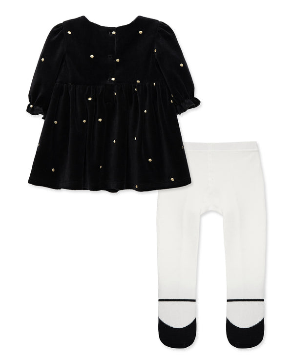 2 Piece Girls Gold Polka Dress w/TIghts