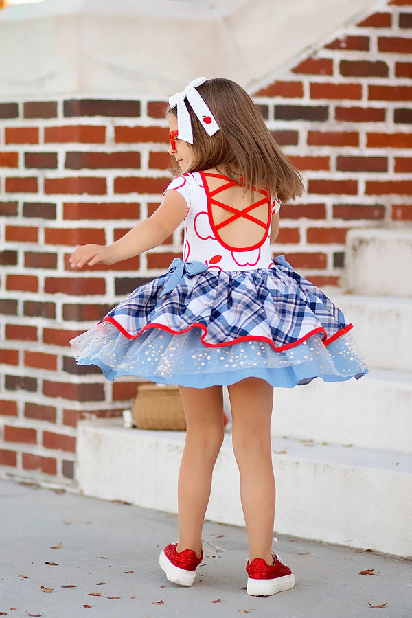 Be Girl Clothing Girls Toddlers Kids Dress Plaid Silver Gold Apples Back To School The Plaid Giraffe Children's Boutique